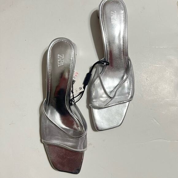Zara Silver METALLIC MESH HEELED SLIDES Size 7.5 - Picture 9 of 13